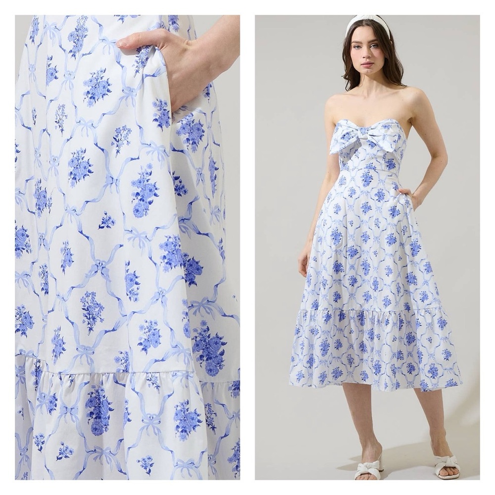 Nia Floral Perline Bow Strapless Midi Dress by Sugarlips